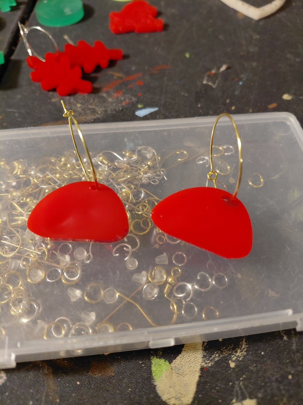 Bold Red Half-Moon Dangle Earrings with Gold Hoops